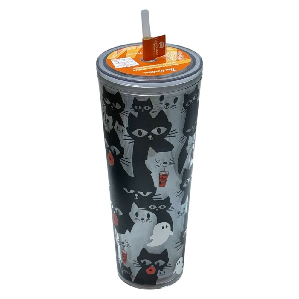 Tim Hortons TumblerHalloween‎ Black Cats Glow in Dark 24 oz 2025  Limited Ed NEW